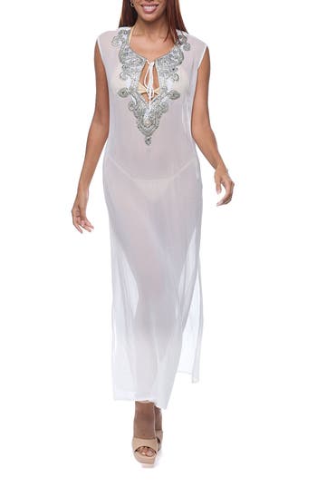 Ranee's Ranees Embellished Sheer Cover-up Dress In White