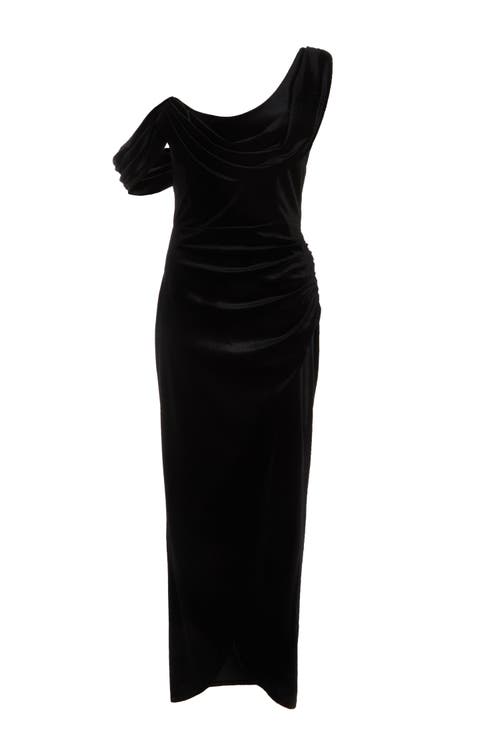 Shop Quiz Velvet Asymmetric Cowl Detail Maxi Dress In Black