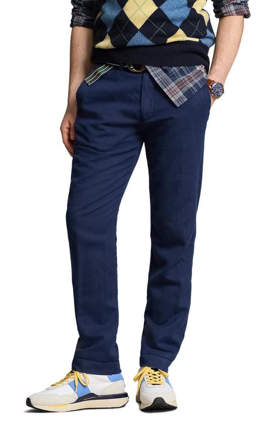 Shop Polo Ralph Lauren Flat Front Linen & Cotton Pants In Newport Navy