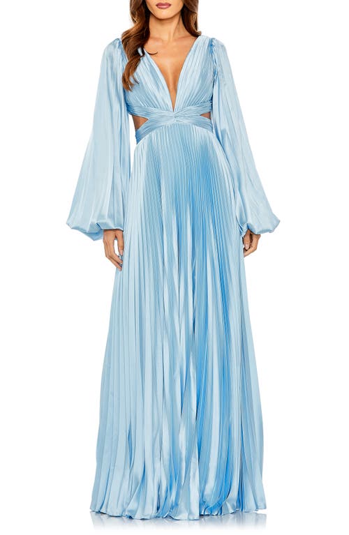 Long Sleeve Pleated Cut-Out Gown in Powder Blue