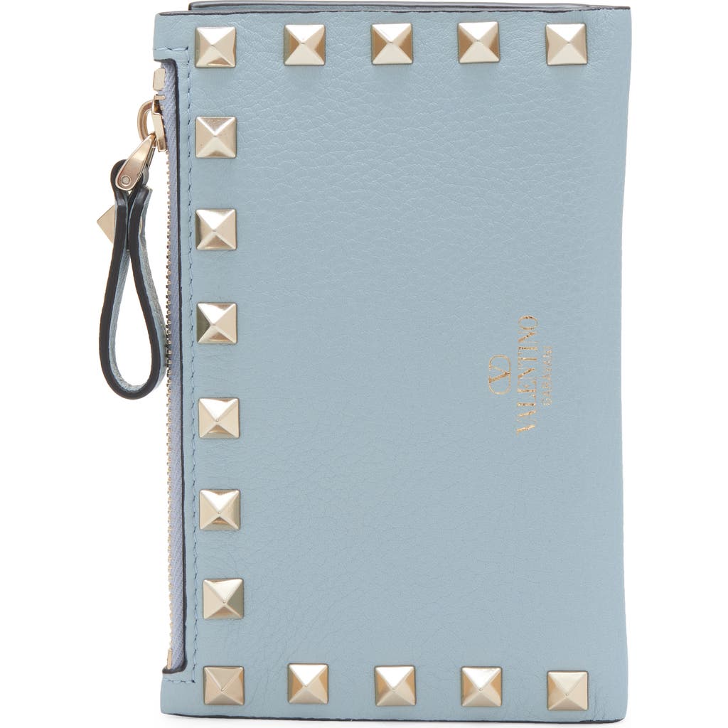Valentino Garavani Rockstud Leather Bifold Wallet In Blue Porcellana