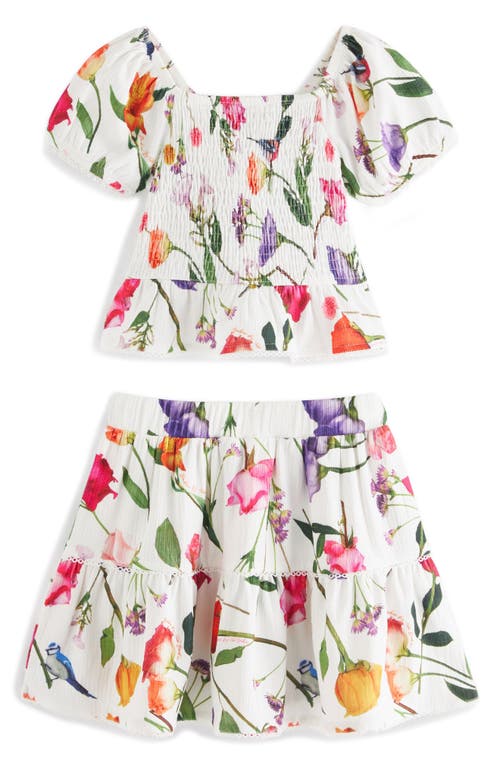 Baker By Ted Baker Kids' Floral Print Shirred Top & Skirt Set In White