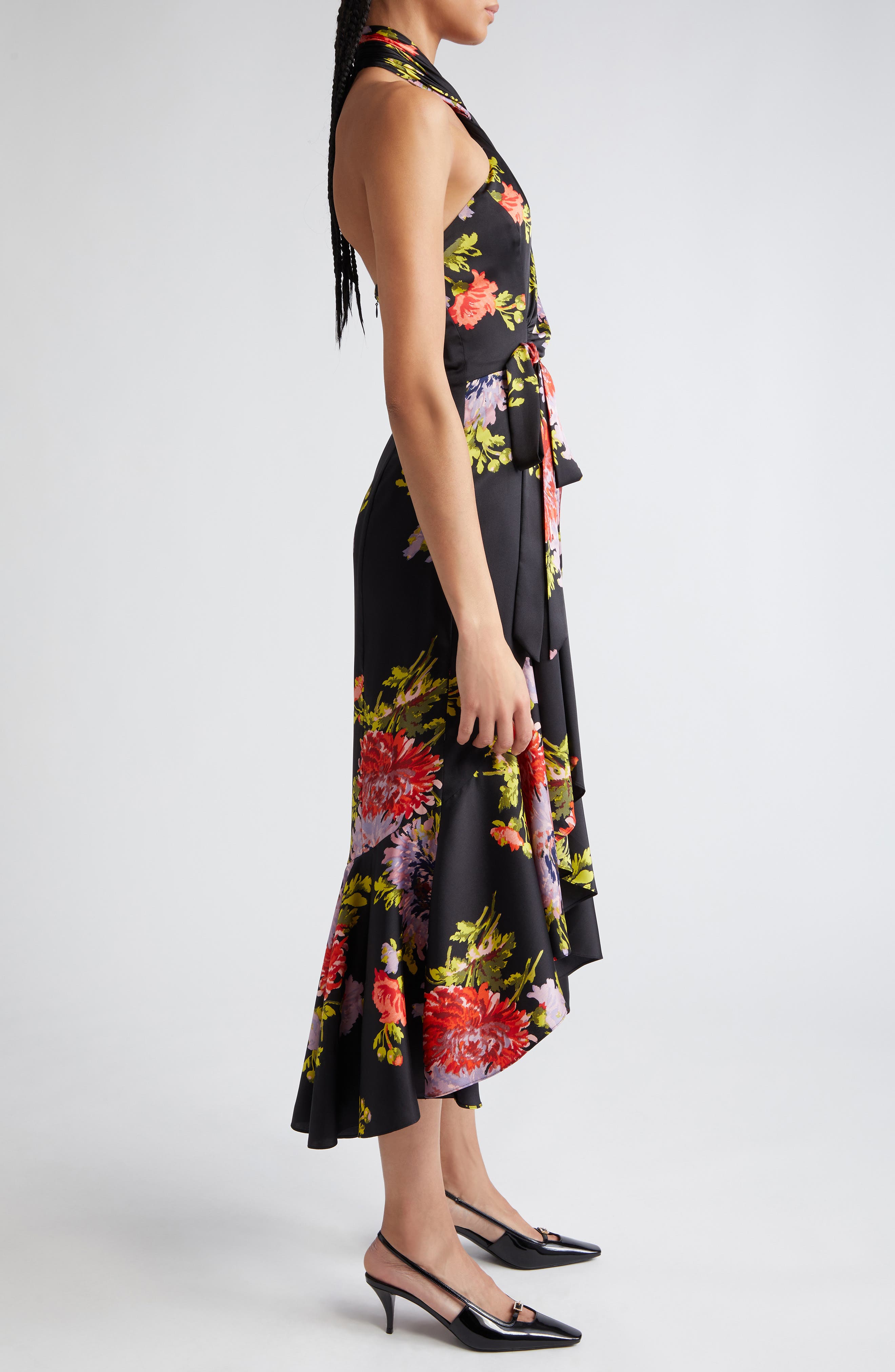 Cinq a Sept Josie Floral Print Halter High Low Maxi Dress in Black Multi Smart Closet