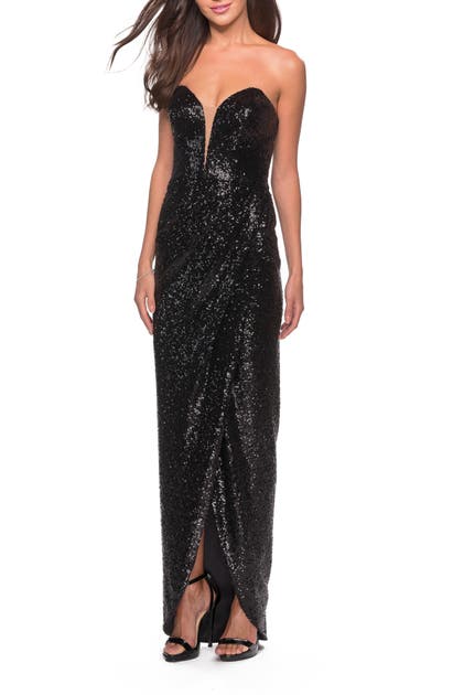 La Femme Sequin Strapless Ruched Gown In Black | ModeSens