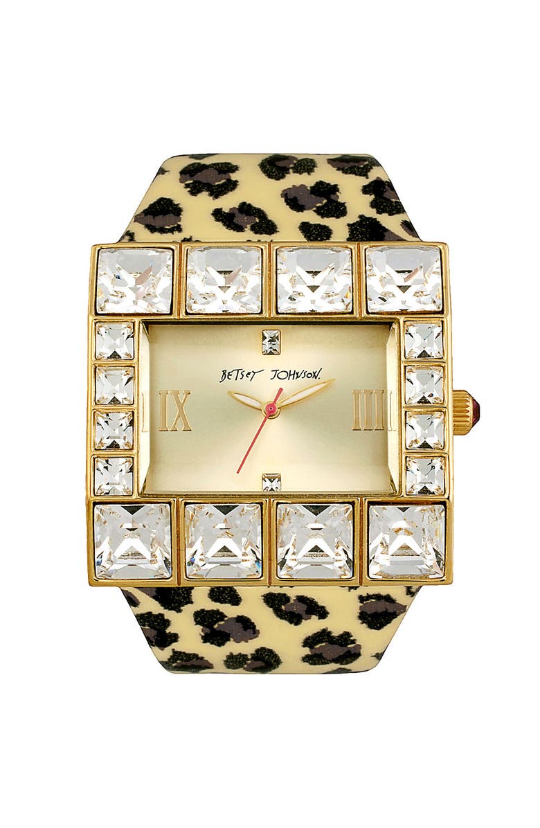 BETSEY JOHNSON Square Leather Strap Watch, Main, color, GOLD/ LEOPARD