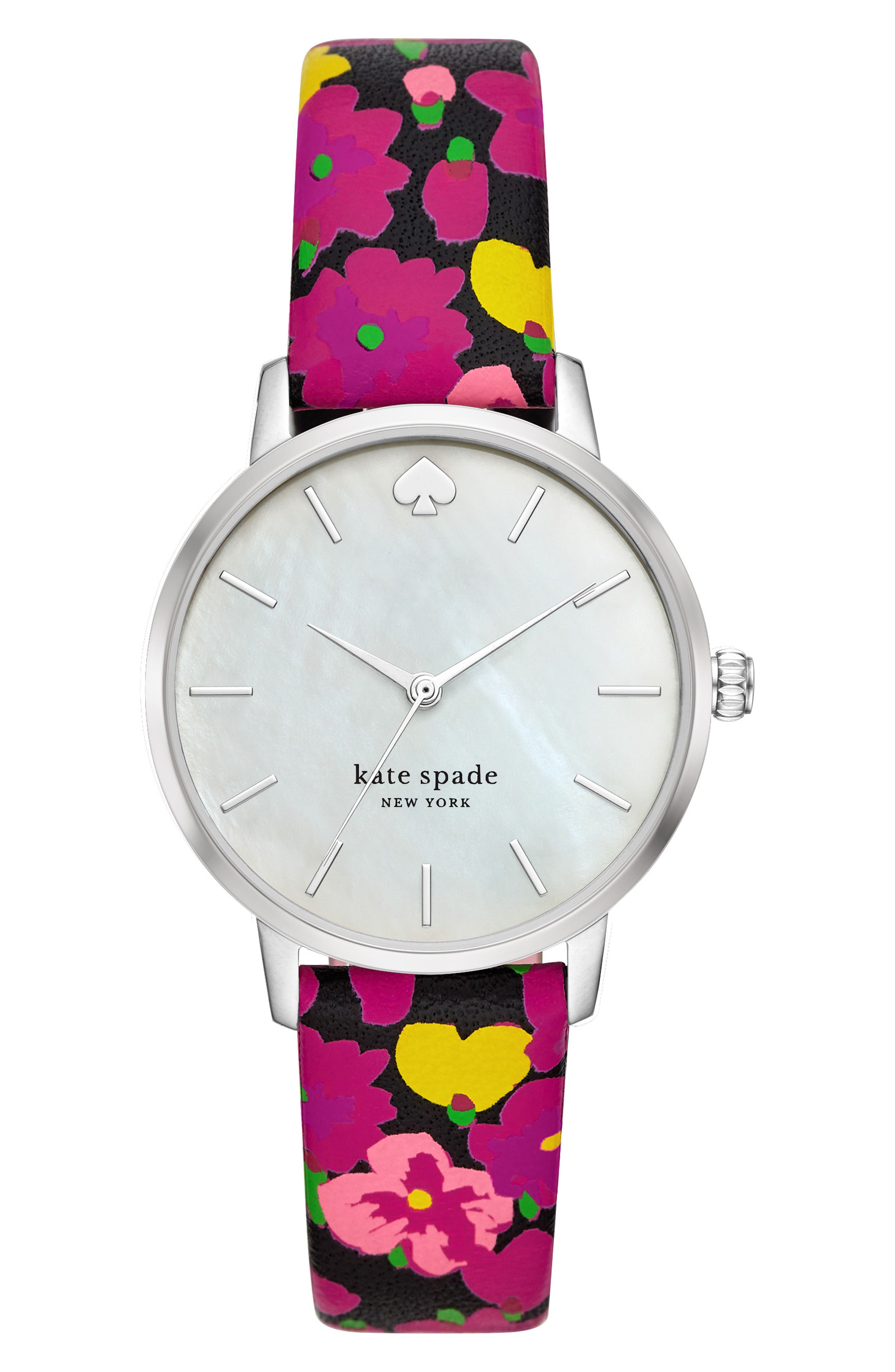 Kate Spade Women's Metro Floral Leather Strap Watch In Pink Floral/ Mop/ Silver