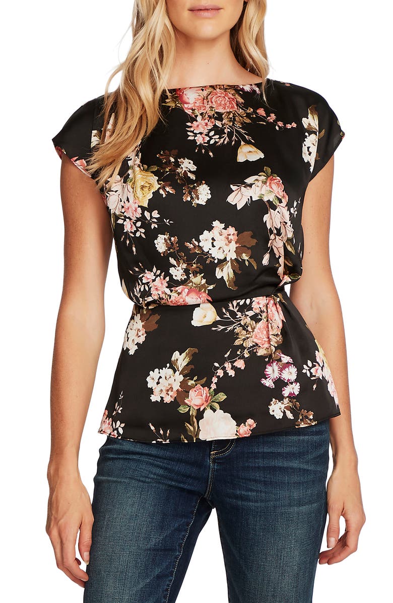VINCE CAMUTO Beautiful Blooms Peplum Blouse, Main, color, RICH BLACK