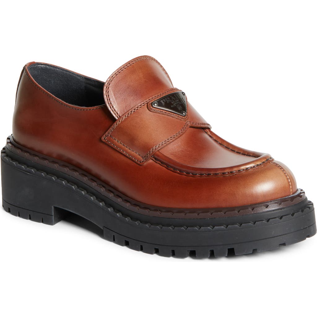 Prada Double Chocolate Platform Loafer In Brown