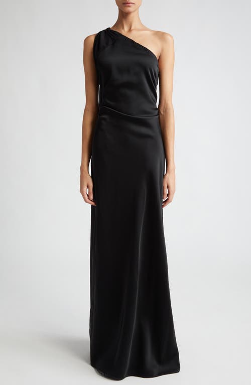 Bernard One-Shoulder Reverse Satin Gown with Scarf Detail in Black