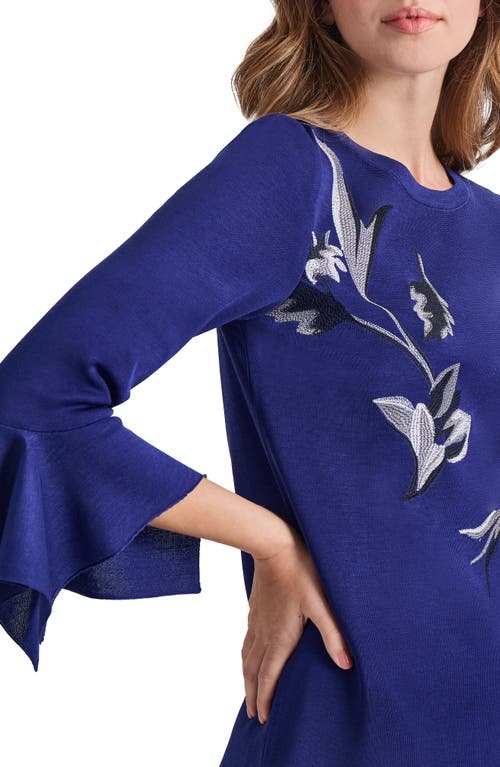 Shop Misook Floral Embroidered Flutter Sleeve Knit Top In Starry Night Blue