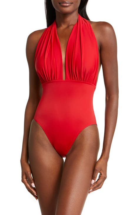 One Piece Maternity Swimsuits Stripe Halter Swimwear Deep V Neck Monokini  High Waisted Bathing Suits Red (M 