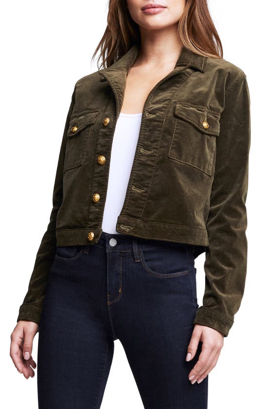 L Agence Eisenhower Cotton Blend Velvet Crop Trucker Jacket In Ivy Green
