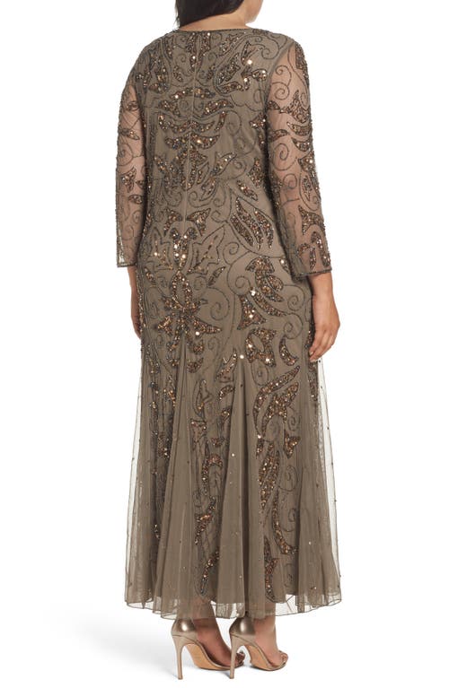 Pisarro Nights Embellished Three Quarter Sleeve Gown In Mocha