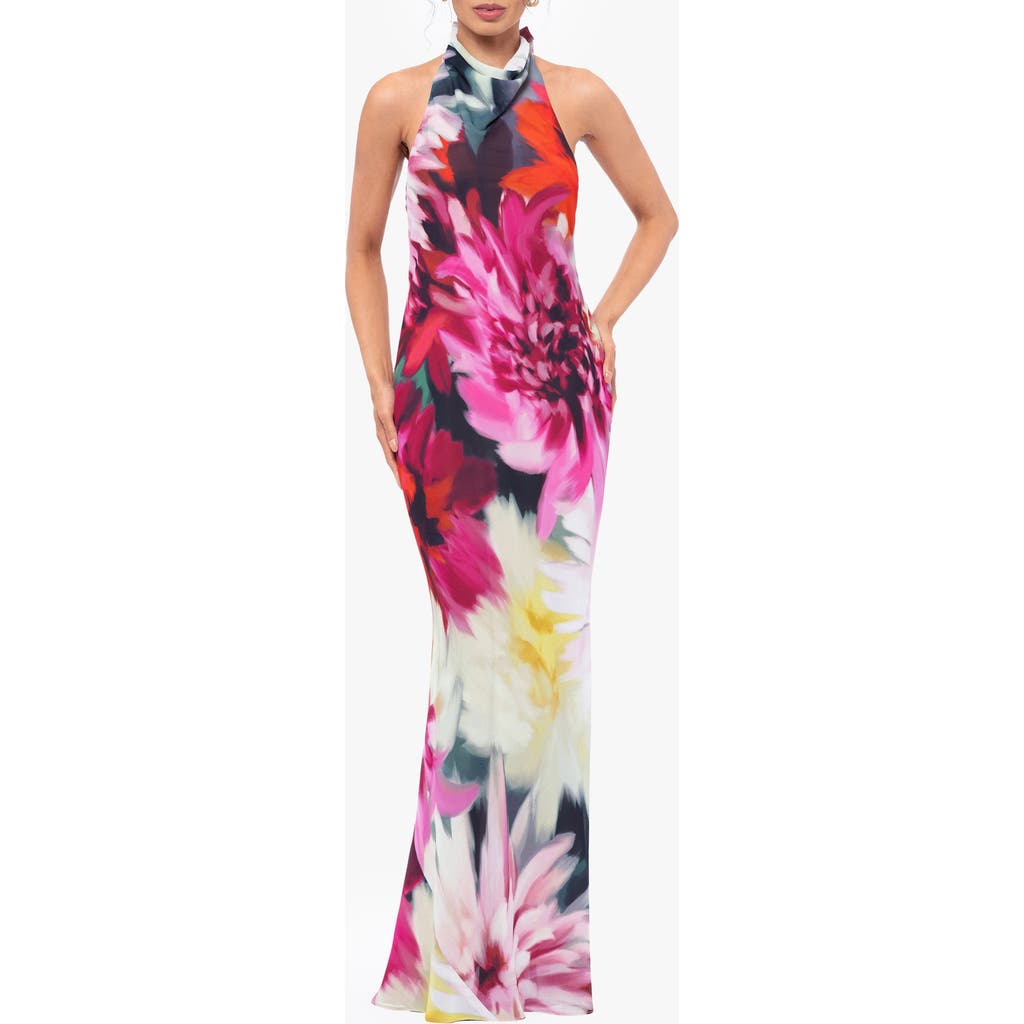 Betsy & Adam Floral Halter Gown In Fuchsia/blush