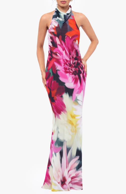 Betsy & Adam Floral Halter Gown In Fuchsia/blush