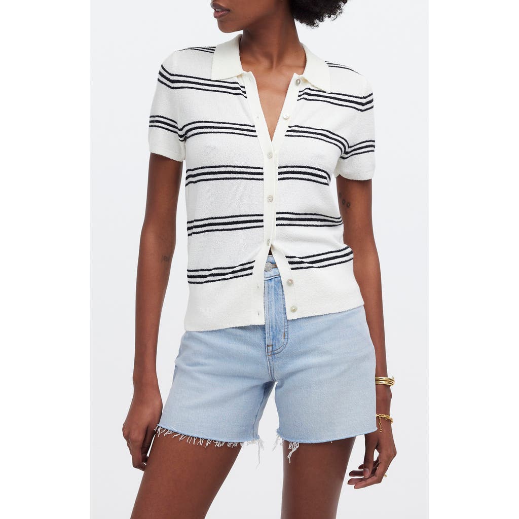 Madewell Stripe Knit Short Sleeve Button-up Shirt In Bright Ivory