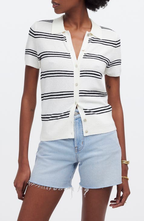 Stripe Knit Short Sleeve Button-Up Shirt