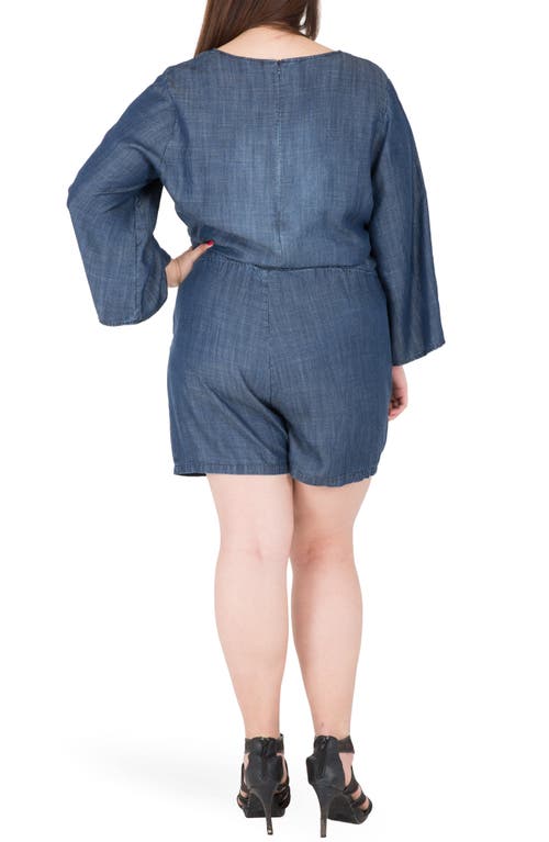 Standards & Practices Plus Bell Sleeve Lace Up Denim Romper In Navy