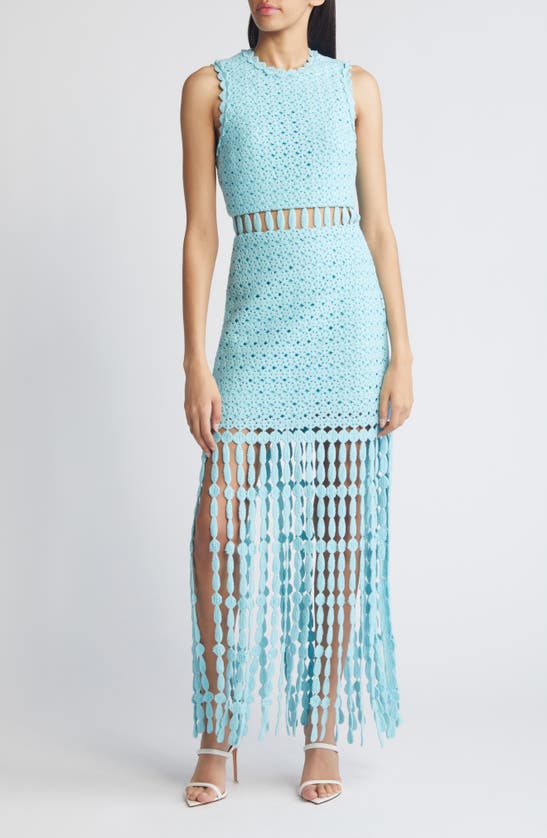 Shop Saylor Robynne Open Stitch Fringe Trim Cotton Dress In Aqua