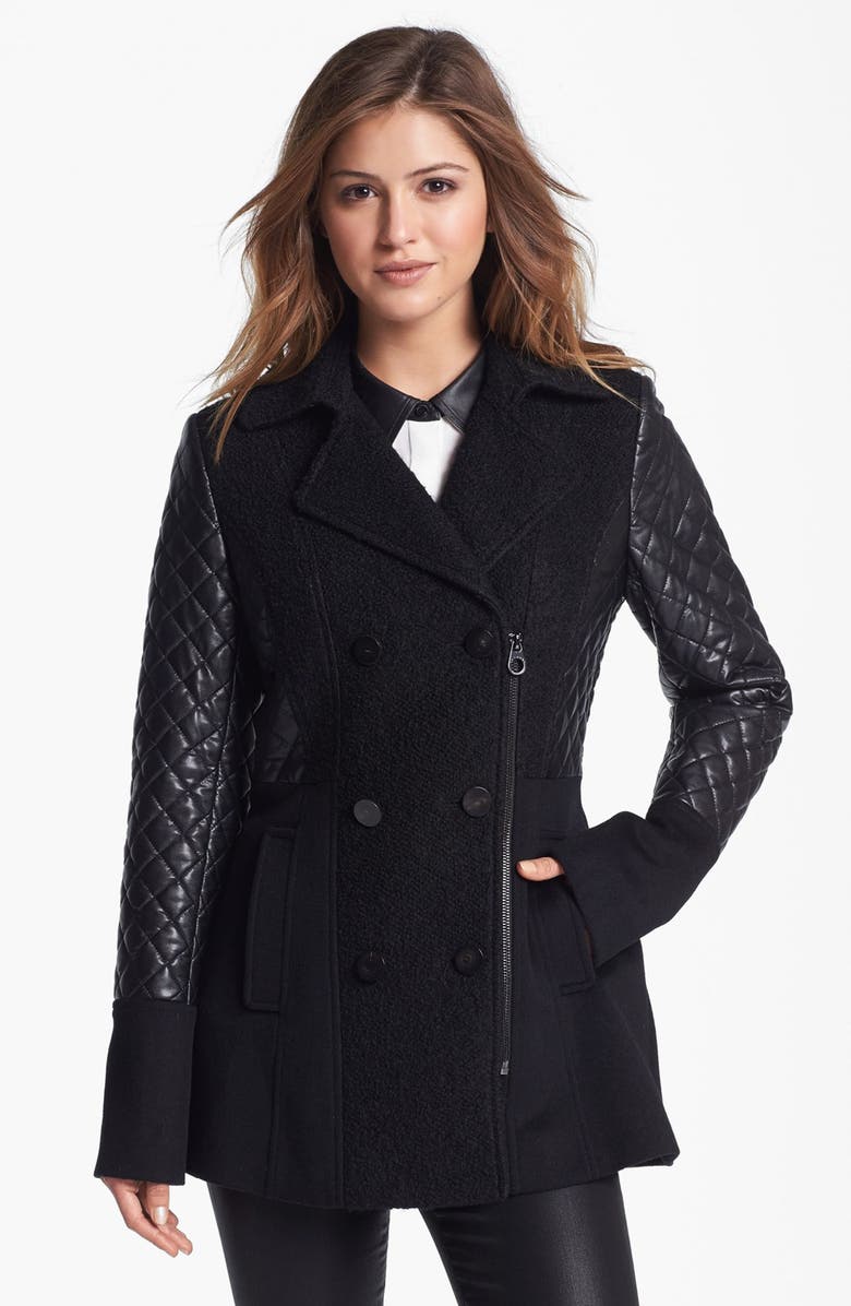 Laundry by Shelli Segal Quilted Sleeve Mixed Media Peacoat | Nordstrom