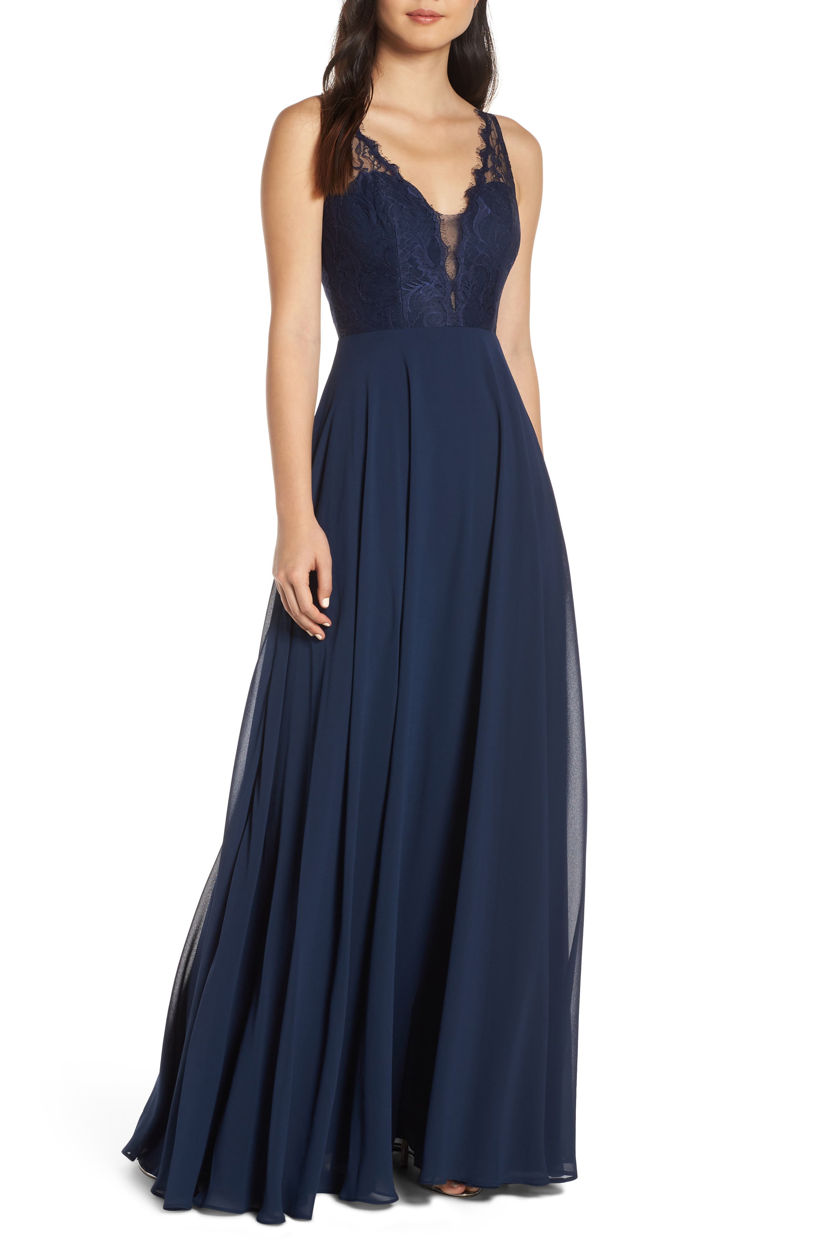 Hayley Paige Occasions Lace Bodice Chiffon Evening Dress, Blue