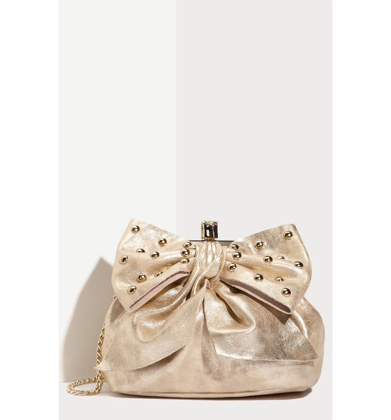 RED VALENTINO 'Studded Bow' Metallic Vachetta Leather Clutch, Main, color, Gold