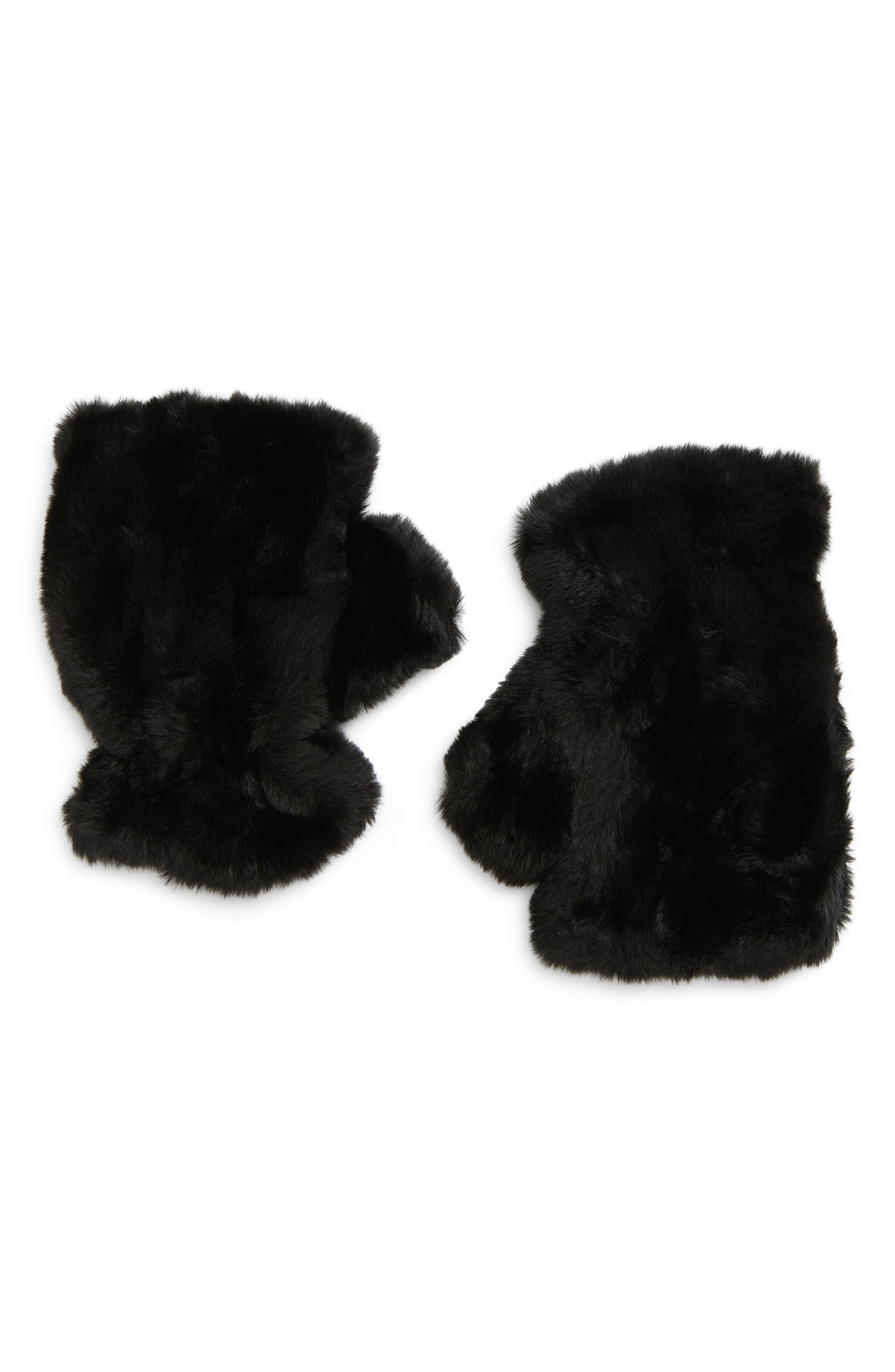 black faux fur mittens