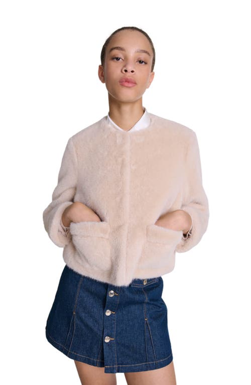 Shop Maje Cropped Faux Fur Jacket In Beige