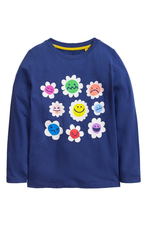 Mini Boden Kids' Flower Mood Long Sleeve Cotton Graphic T-Shirt in Starboard Blue Flowers