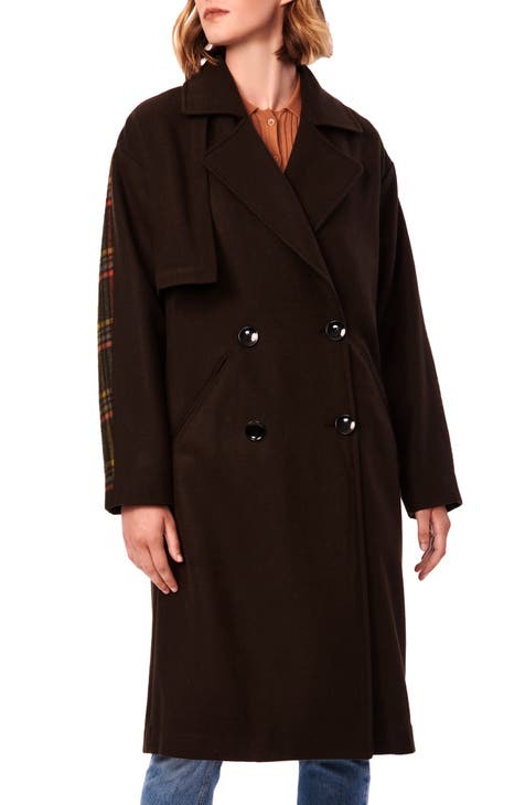 Double Breasted Mixed Media Wool Blend Coat