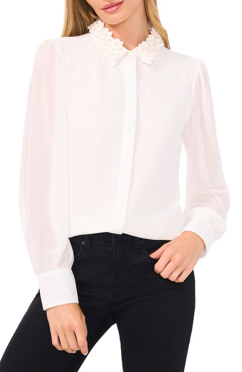 Cece Floral Applique Collared Blouse In New Ivory White
