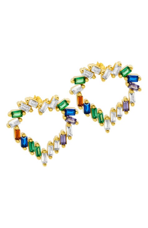 14k Yellow Gold Plated Rainbow CZ Open Heart Stud Earrings