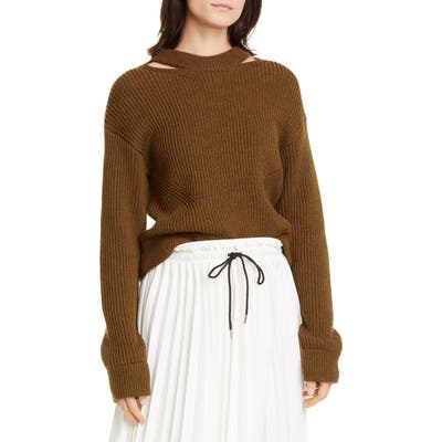 Proenza Schouler White Label Cutout Rib Wool Sweater, Green