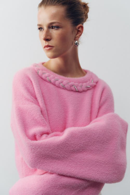 Shop Nocturne Embellished Knit Sweater In Pink