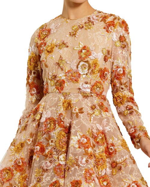 Mac Duggal High Neck Long Sleeve Sequin A Line Mini Dress In Nude Multi