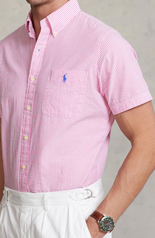 Shop Polo Ralph Lauren Stripe Seersucker Short Sleeve Button-down Shirt In Rose/white