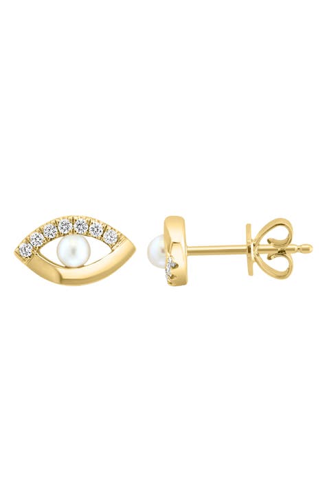 14K Yellow Gold Diamond & 5-5.5mm Freshwater Pearl Evil Eye Stud Earrings