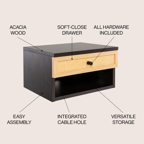 Jonathan Y Celerie Mid-century Modern Floating Wall Mounted Nightstand With Soft-close Rattan Drawer In Black/light Oak