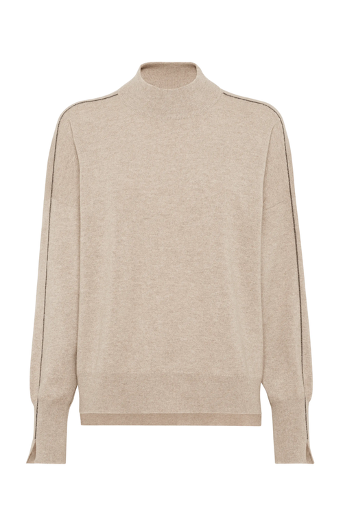 Shop Brunello Cucinelli Mock Neck Sweater With Monili In Brown