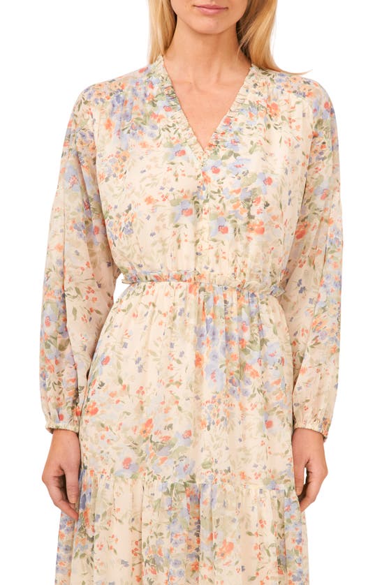 Shop Cece Floral Tiered Long Sleeve Maxi Dress In Egret Ivory