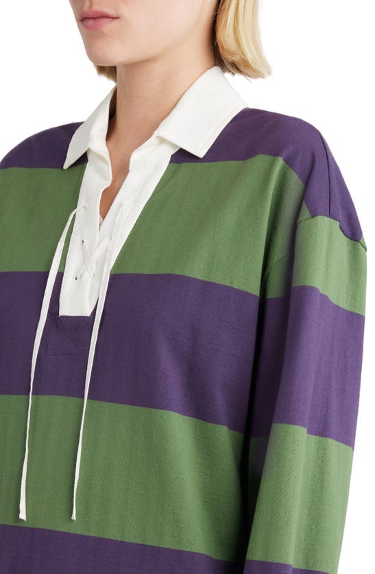 Shop Dries Van Noten Block Stripe Lace-up Cotton & Linen Blend Rugby Shirt In Dark Purple 402
