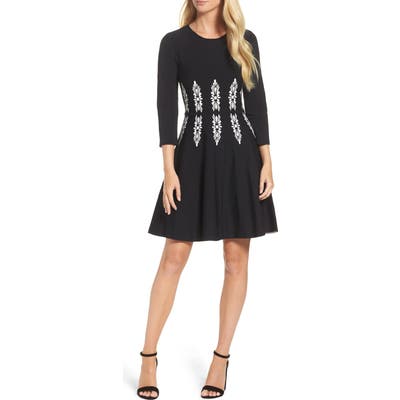 Eliza J Three-Quarter Sleeve Fit & Flare Dress, Black