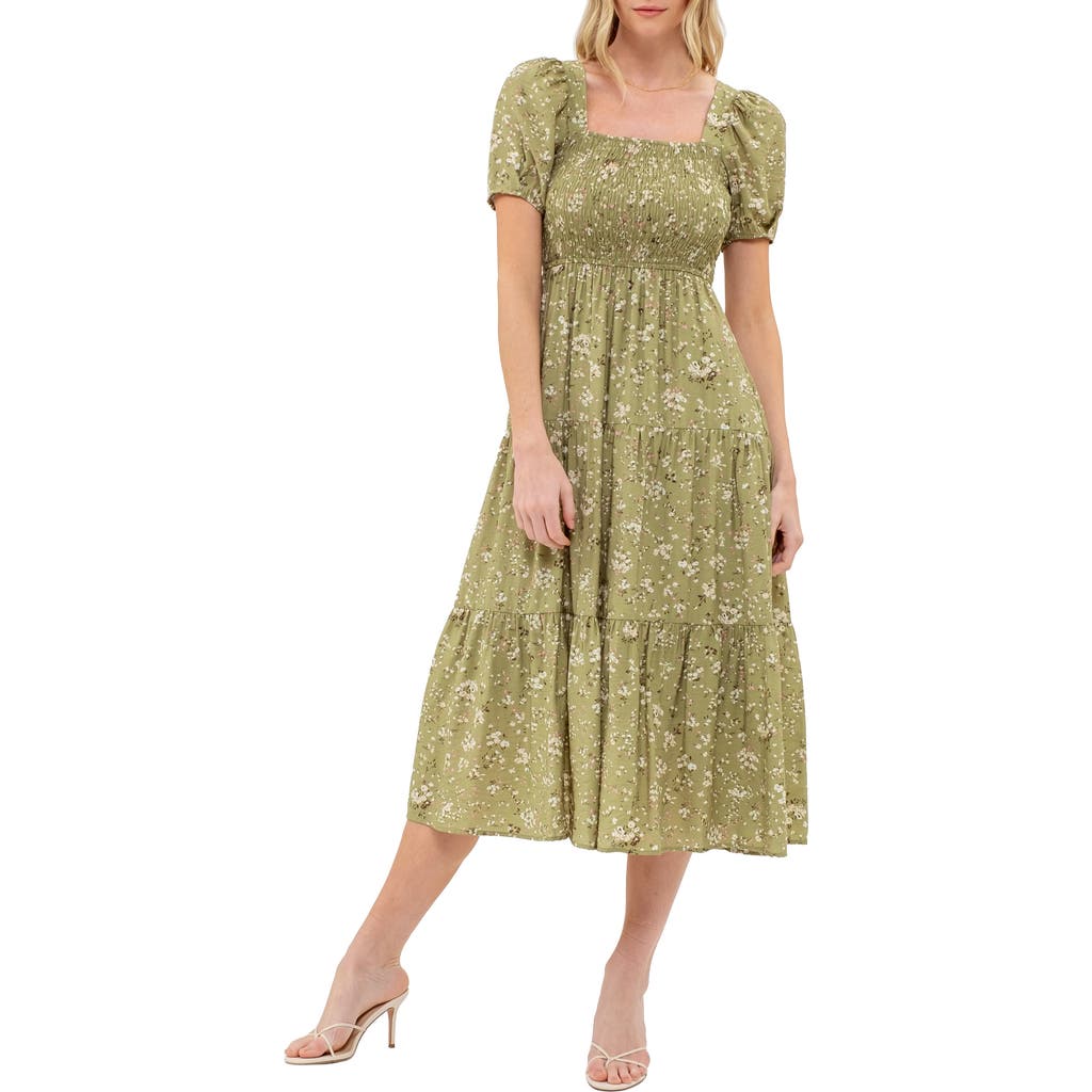 August Sky Ditsy Floral Short Sleeve Tiered Midi Dress In Olive Multi