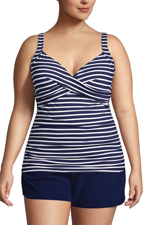 Shop Lands' End Plus Size V-neck Wrap Underwire Tankini Swimsuit Top In Deep Sea/white Media Stripe