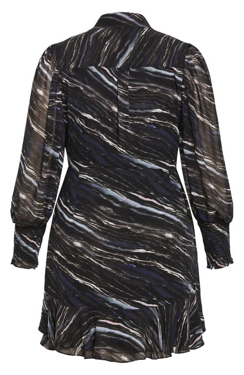 City Chic Lover Stripe Semisheer Long Sleeve Flounce Hem Shirtdress In Marble