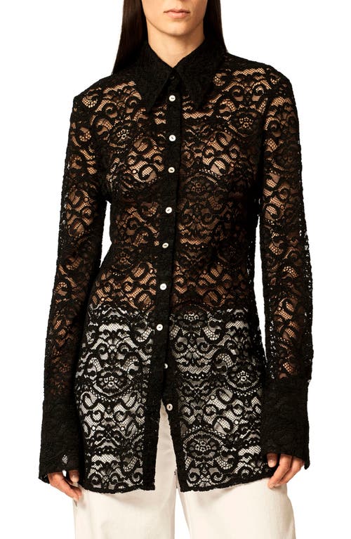 Interior The Emma Sheer Floral Lace Button-Up Shirt Black at Nordstrom,