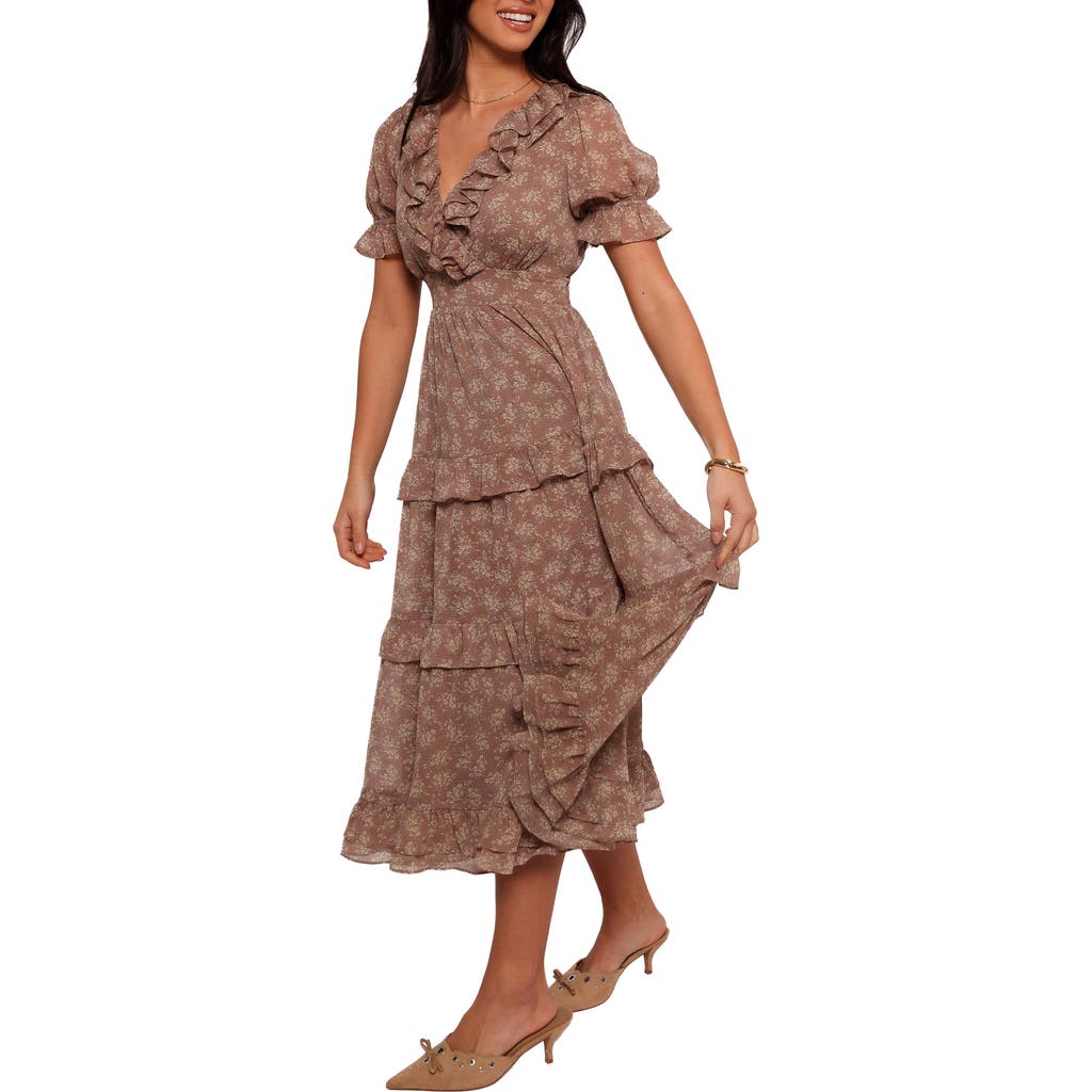 Petal And Pup Petal & Pup Dayla Floral Ruffle Midi Dress In Brown