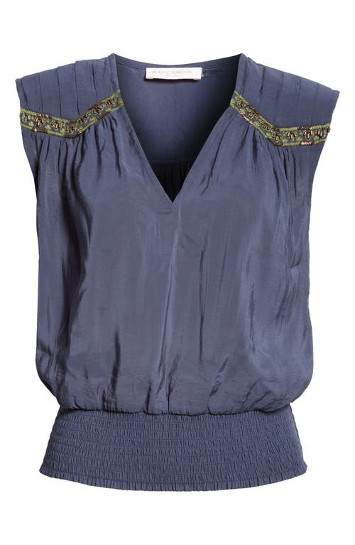 Shop Ramy Brook Millegan Bead Detail Smock Waist Top In Navy