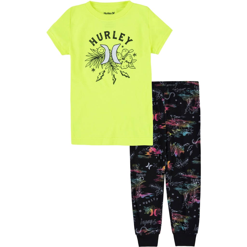 Shop Hurley Kids' Fitted Two-piece Pajamas In Black/yellow