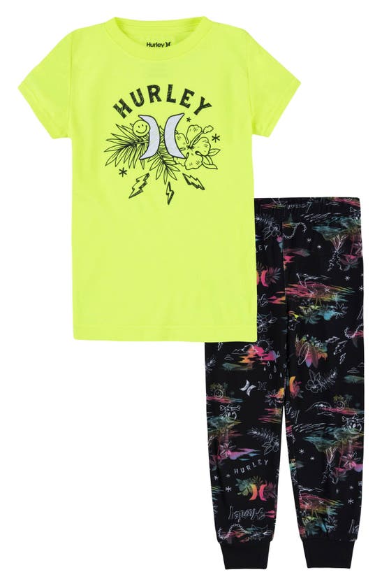 Hurley Kids' Fitted Two-piece Pajamas In Black/ Yellow
